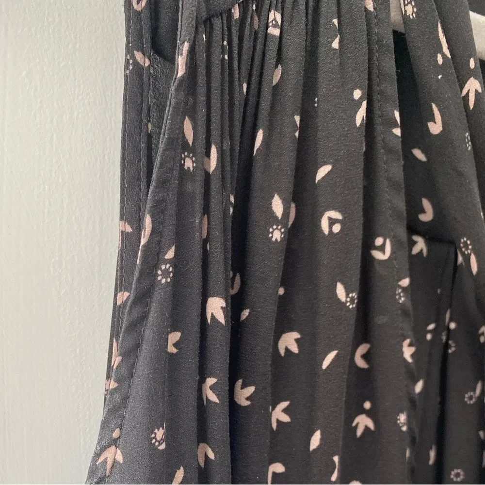 Free People High Low Hem Tank Top Black Sleeveless Printed Blouse Tie Womens L